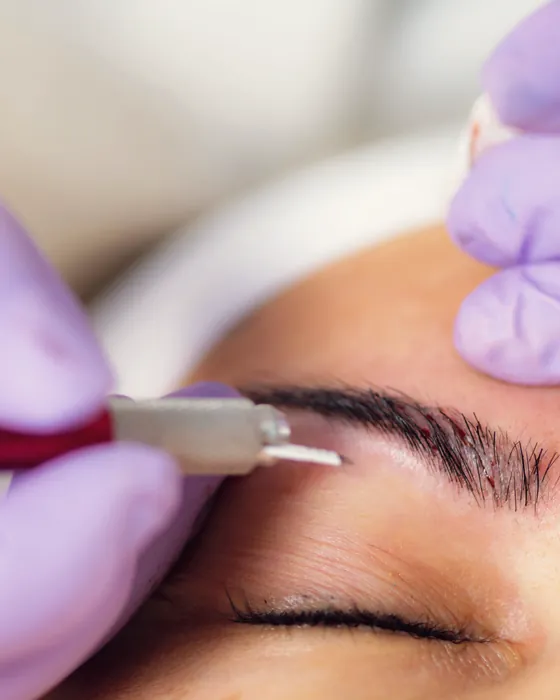 Close-up of a microblading treatment on an eyebrow.